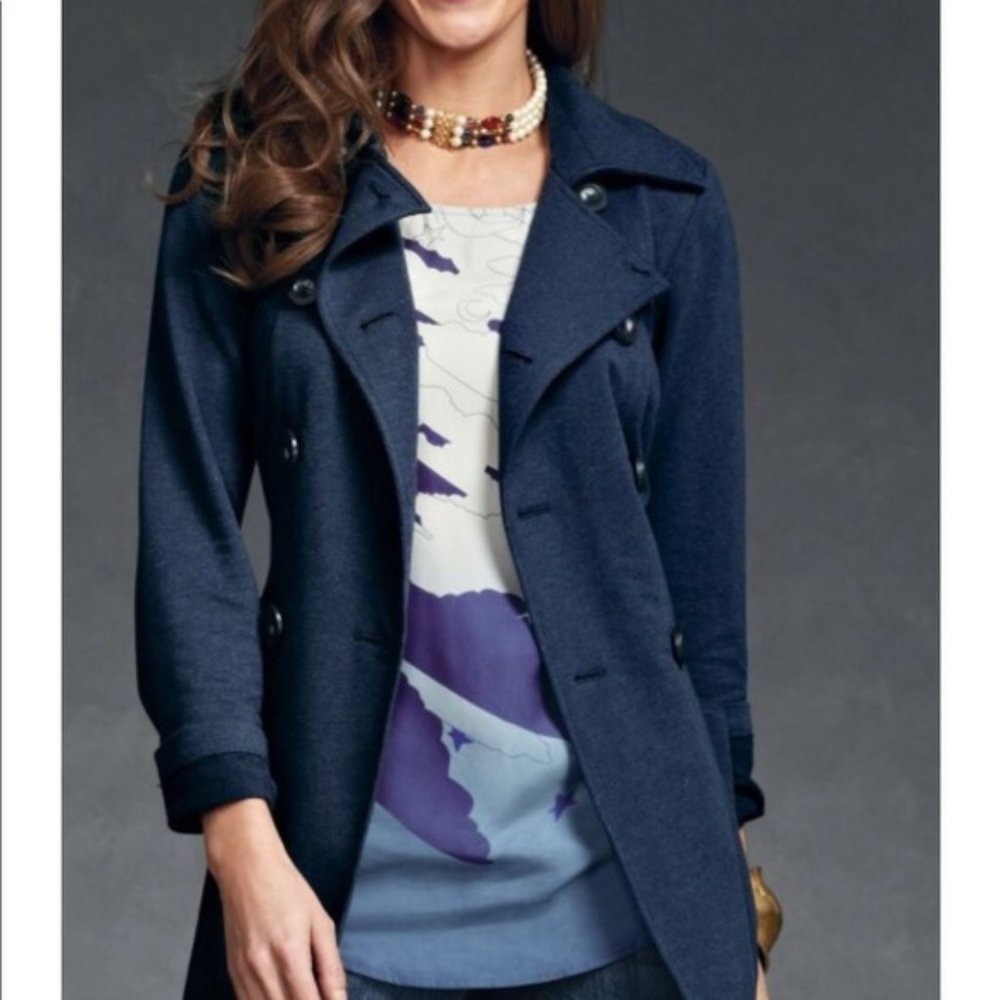 Cabi XS Blue‎ Jacket Double Breasted Pockets 151 All Day Trench Coat Ponte Knit